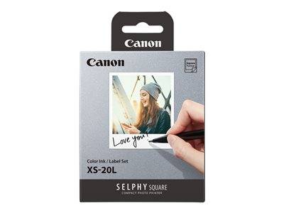 Canon Selphy Square XS-20L Farbtusche und Etikett-Set Verpackung, mit einem Foto einer lächelnden Person mit einer Mütze und dem Text 