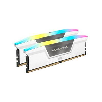 Zwei Corsair Vengeance RGB DDR5 RAM-Module mit farbenfroher LED-Beleuchtung auf weißem Hintergrund.