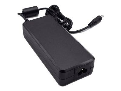 Ein schwarzer Stromadapter mit Kabel und Stecker, geeignet zum Aufladen elektronischer Geräte, vor weißem Hintergrund dargestellt.