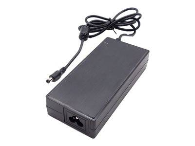 Ein schwarzer Laptop-Stromadapter mit einem zweipoligen Stecker und einem schwarzen Kabel. Der Adapter ist rechteckig und hat einen Stromeingangsanschluss auf einer Seite.