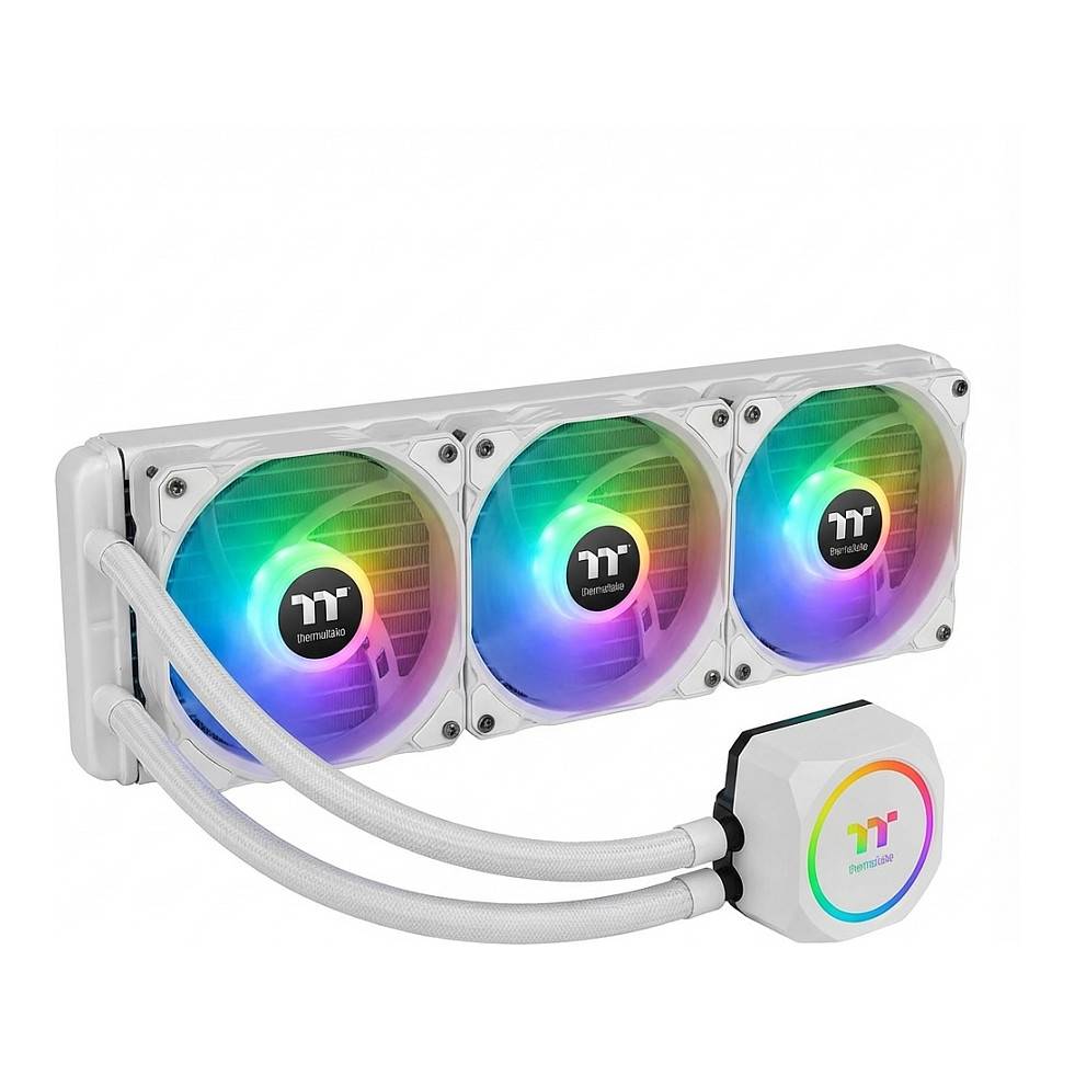 Ein weißes Flüssigkeitskühler-System mit drei farbigen RGB-Lüftern und einer beleuchteten Pumpe. Geeignet zur Kühlung von Desktop-Computer-CPUs.