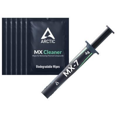 Spritze mit MX-7 Wärmeleitpaste zusammen mit Arctic MX Reinigungstüchern aus biologisch abbaubarem Material zum Entfernen von Wärmeleitkomponenten.