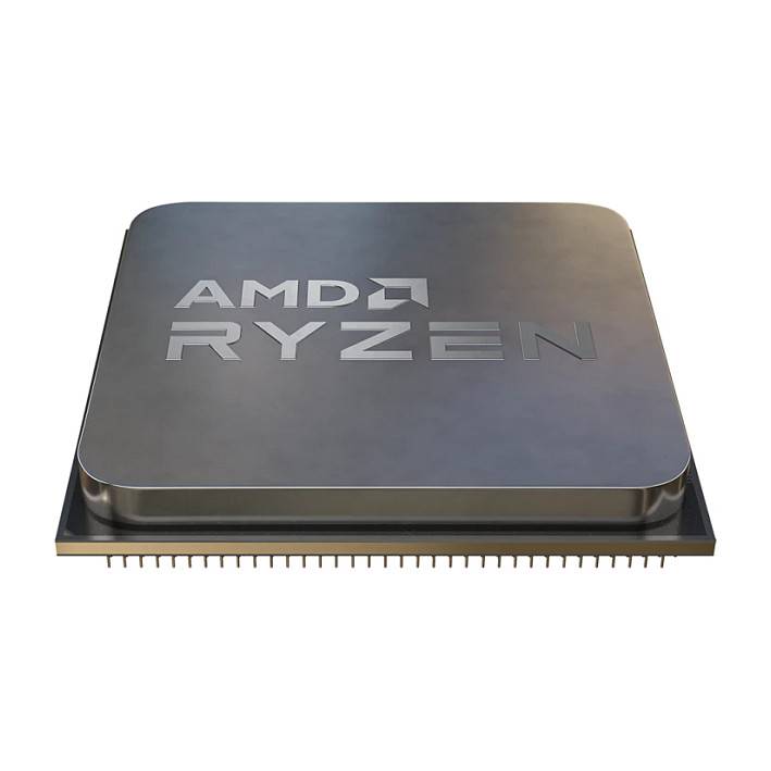Eine Nahaufnahme eines AMD Ryzen Computer-Prozessor-Chips, die die Oberseite mit dem AMD-Logo und der in den Text eingravierter 