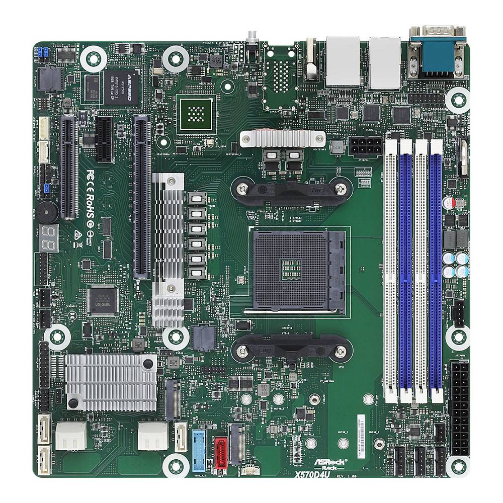 Ein Computermotherboard mit verschiedenen Steckplätzen, Anschlüssen und Komponenten, einschließlich RAM-Steckplätze, eine CPU-Sockel und Peripherieanschlüsse.