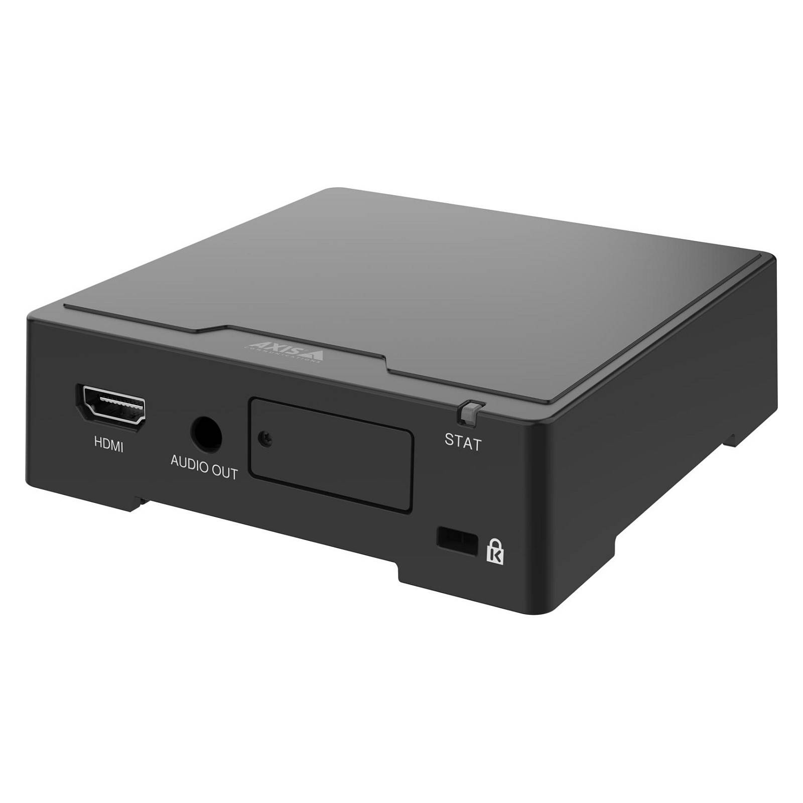 Eine schwarze elektronische Kiste mit HDMI- und Audioausgängen, mit dem Etikett 