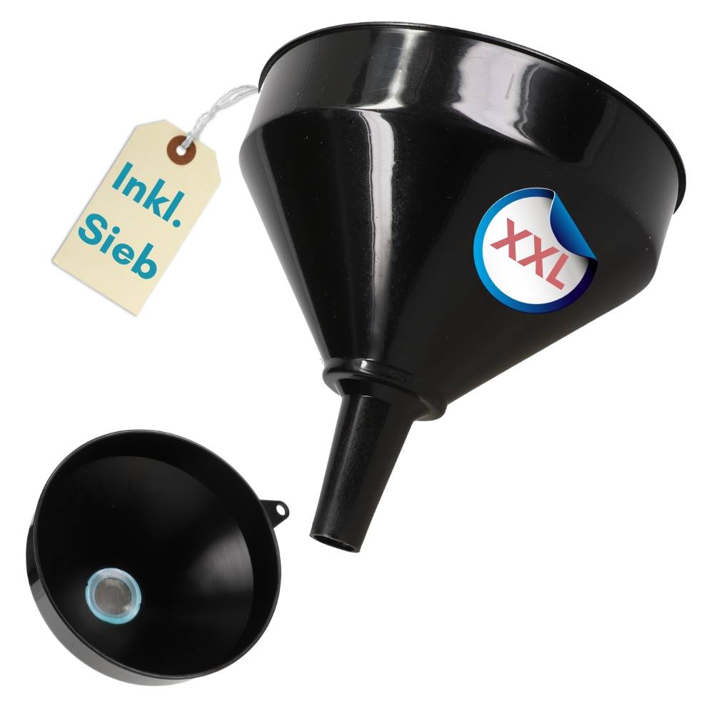 Schwarzer XXL-Trichter mit angehängtem Etikett mit der Aufschrift „Inkl. Sieb
