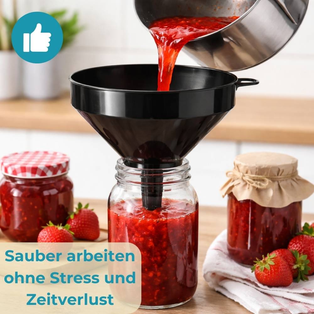 Ein Trichter gießt rote Marmelade in ein Glas neben einem anderen gefüllten Glas. Der Text lautet „Sauber arbeiten ohne Stress und Zeitverlust
