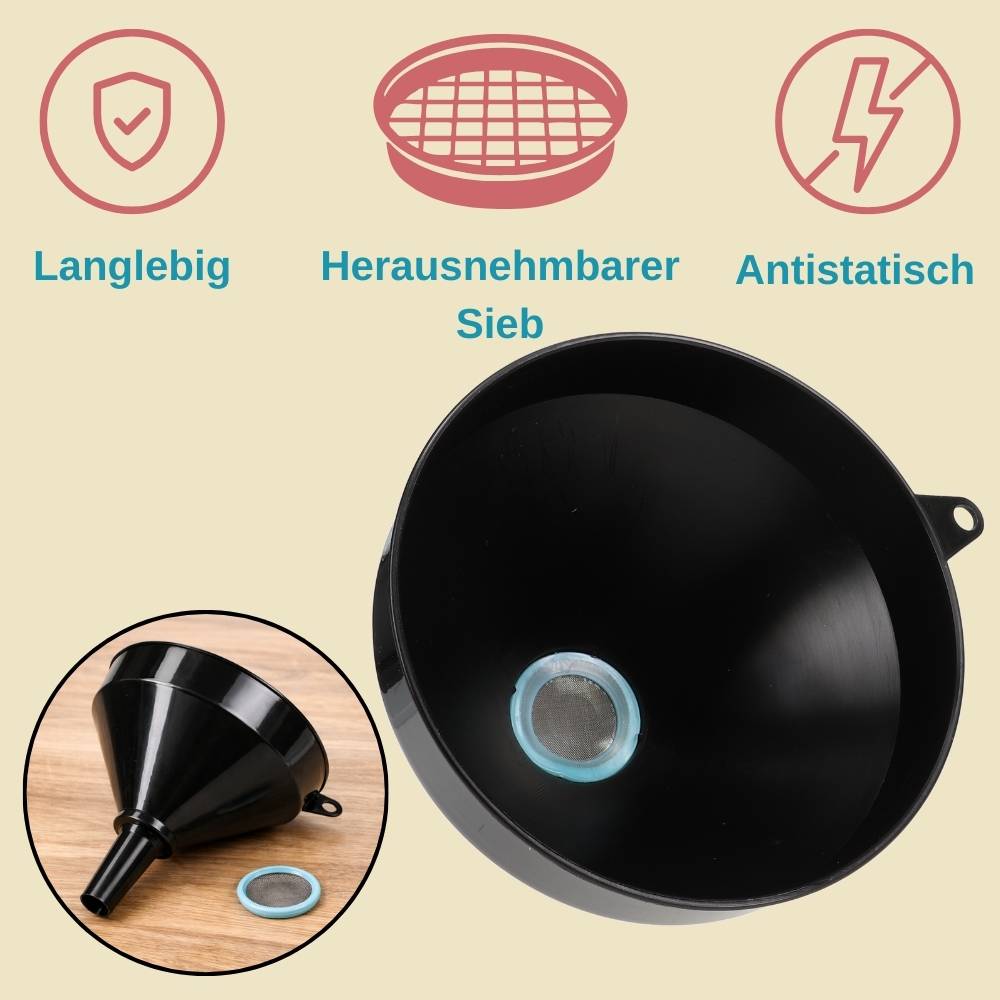Ein schwarzer Trichter mit abnehmbarem Sieb wird gezeigt. Der Text hebt die Haltbarkeit ('Langlebig'), das herausnehmbare Sieb ('Herausnehmbarer Sieb') und die antistatischen ('Antistatisch') Eigenschaften hervor.