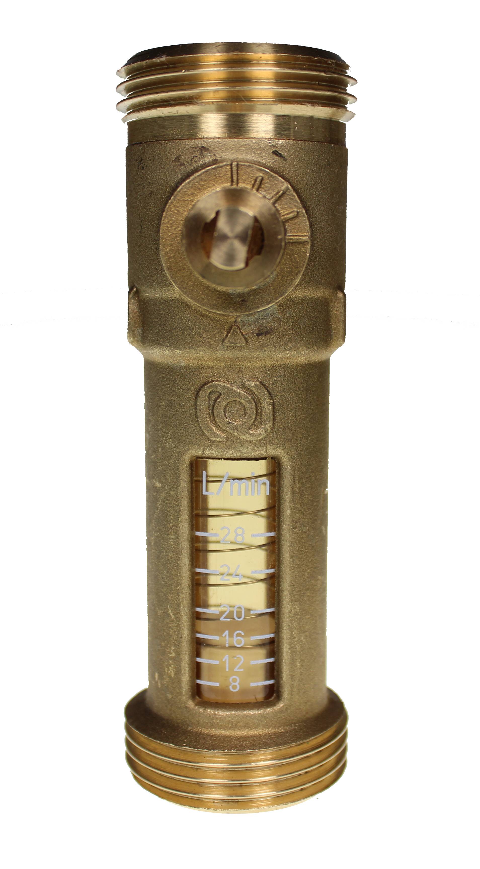 Ein Durchflussmesser aus Messing mit einer Skala von 0 bis 28 L/min. Der Zeiger steht derzeit auf 20 L/min und zeigt die Durchflussrate einer Flüssigkeit an.