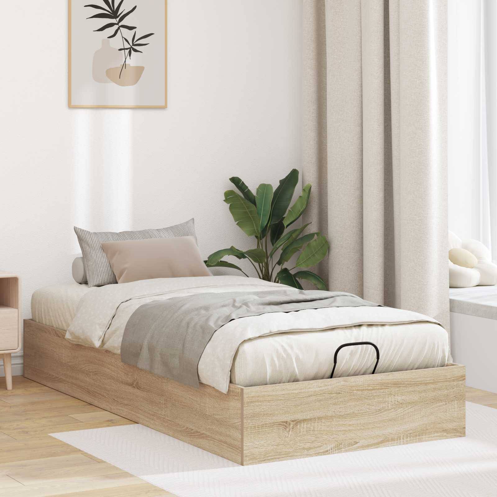 Ein minimalistisches Schlafzimmer verfügt über ein Holzbett mit grauer und beigefarbener Bettwäsche, eine grüne Pflanze und ein gerahmtes abstraktes Kunstwerk an der Wand.