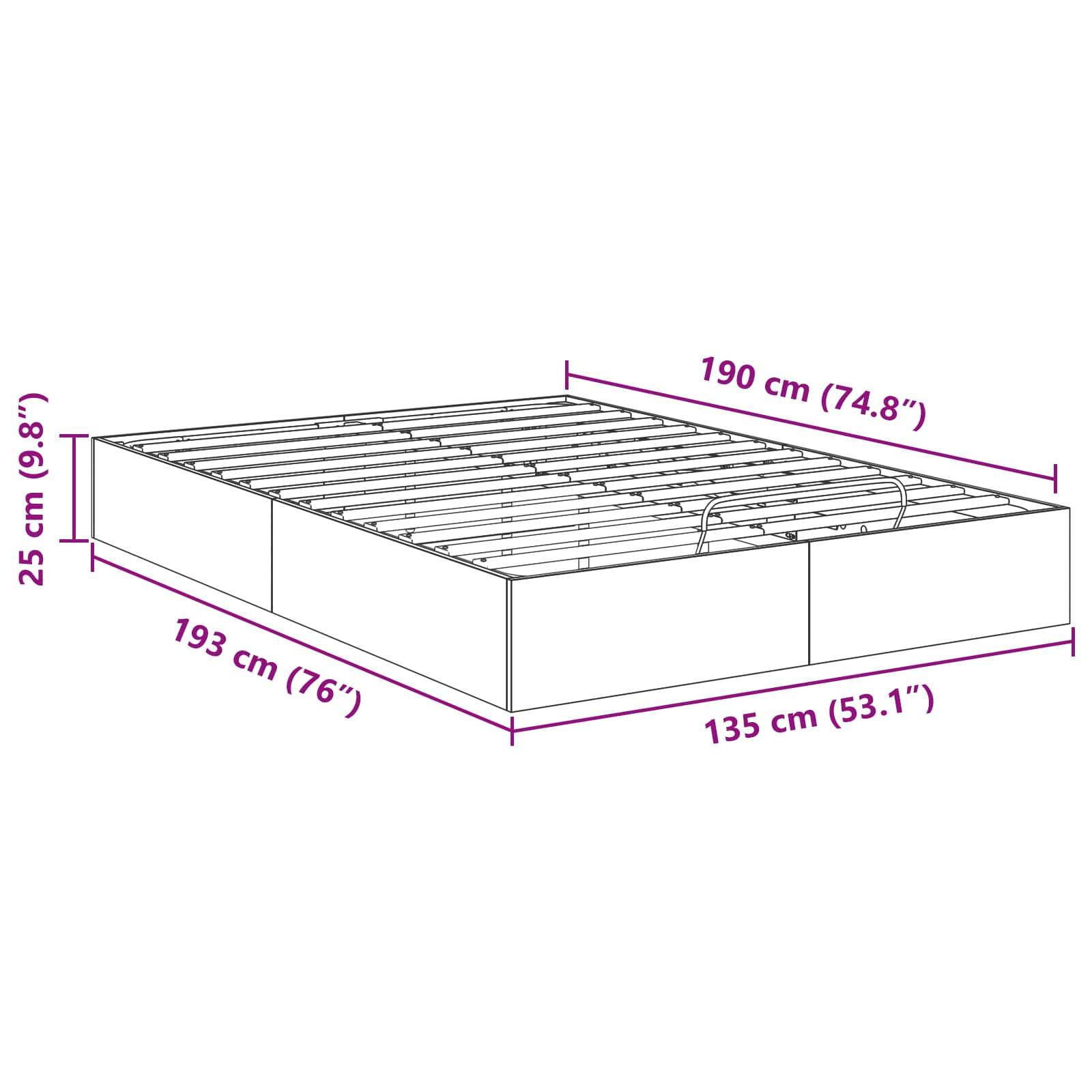 Linienzeichnung eines rechteckigen Plattformbettrahmens mit den Abmessungen: 193 cm (76