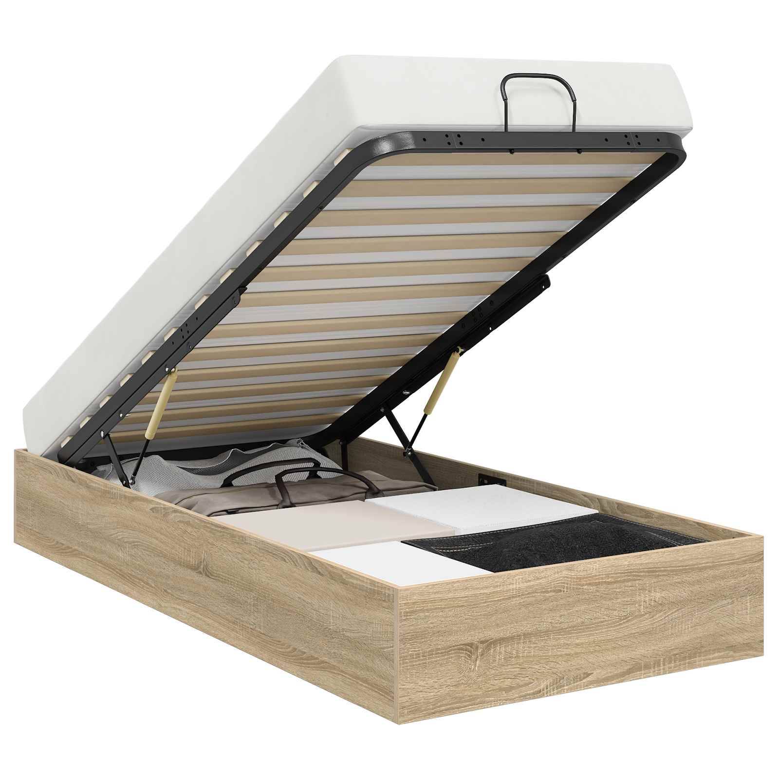 Ein Holzbettgestell mit aufgehobener Matratze, das den Stauraum darunter offenbart, der mit ordentlich organisierten Kisten und Gegenständen gefüllt ist.