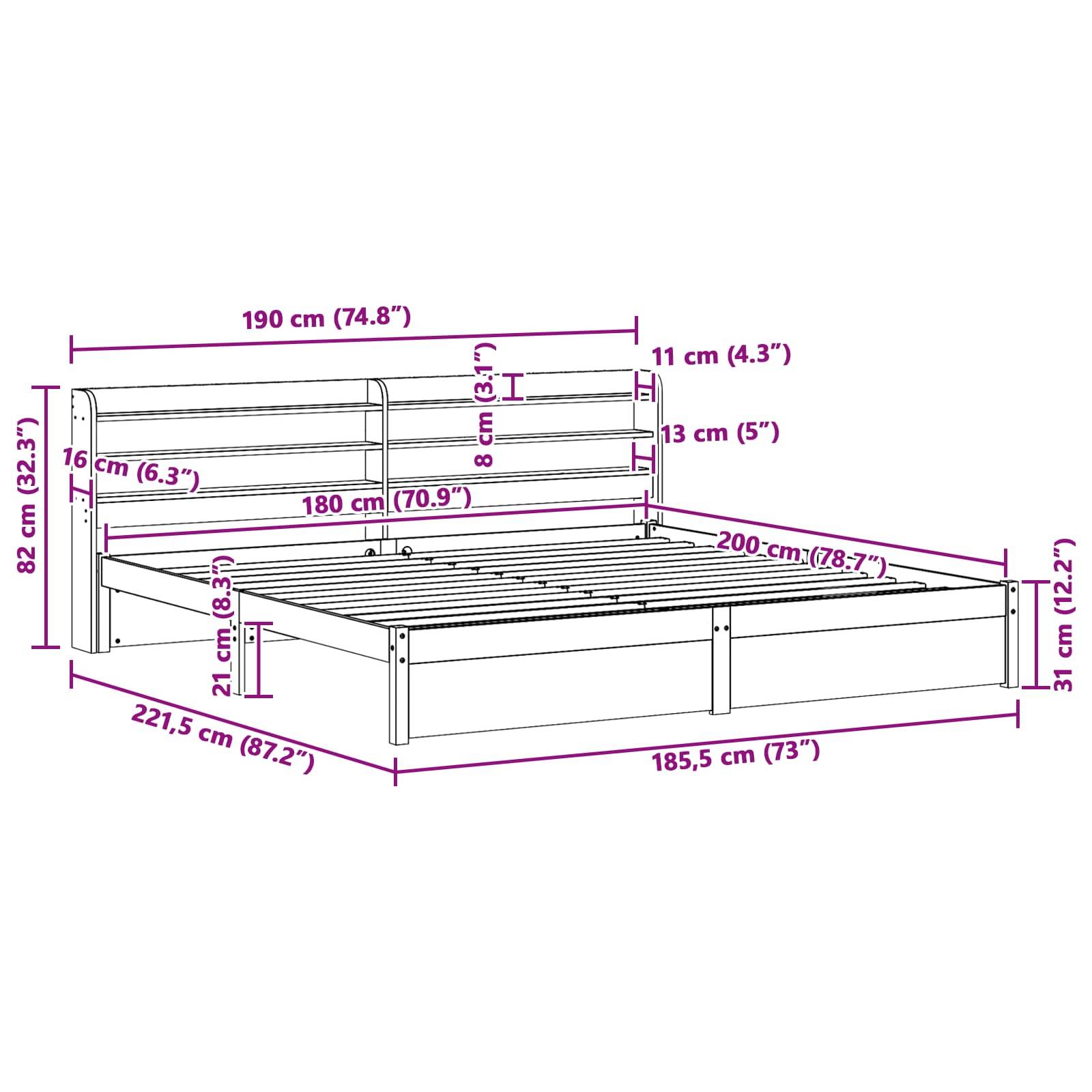Bettrahmen Abmessungen: 190 cm (74,8") breit, 200 cm (78,7"") lang, 82 cm (32,3"") hoch. Mit Kopfteil und Latten ausgestattet, geeignet für Doppelmatratze.