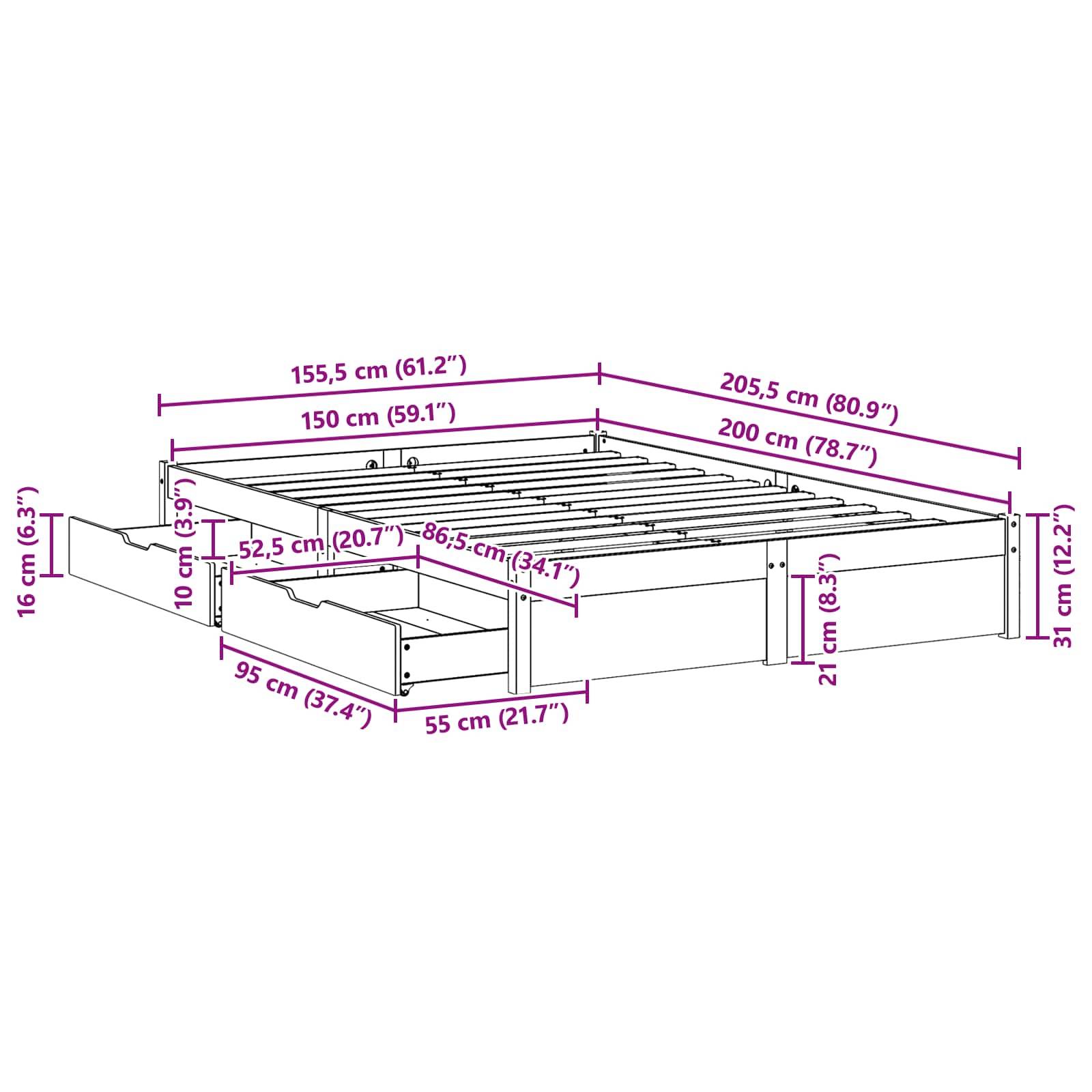 Bettgestell-Abmessungen in Zentimetern und Zoll: Breite 155,5 cm (61,2''), Länge 205,5 cm (80,9''), Höhe 31 cm (12,2''). Beinhaltet Schubladen zur Aufbewahrung.