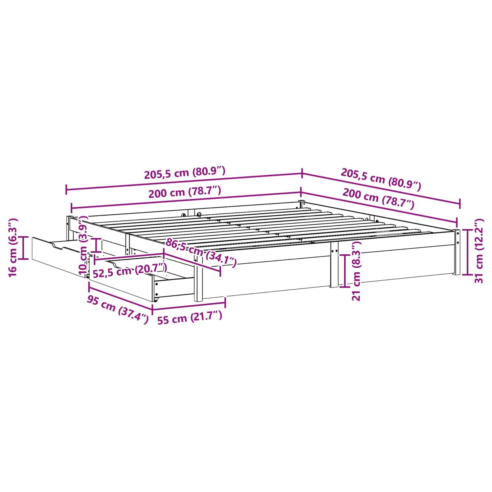Bettrahmen Abmessungen: 205,5 cm x 200 cm x 31 cm. Umfasst zwei Seitenschubladen mit den Abmessungen 95 cm x 52,5 cm x 16 cm.