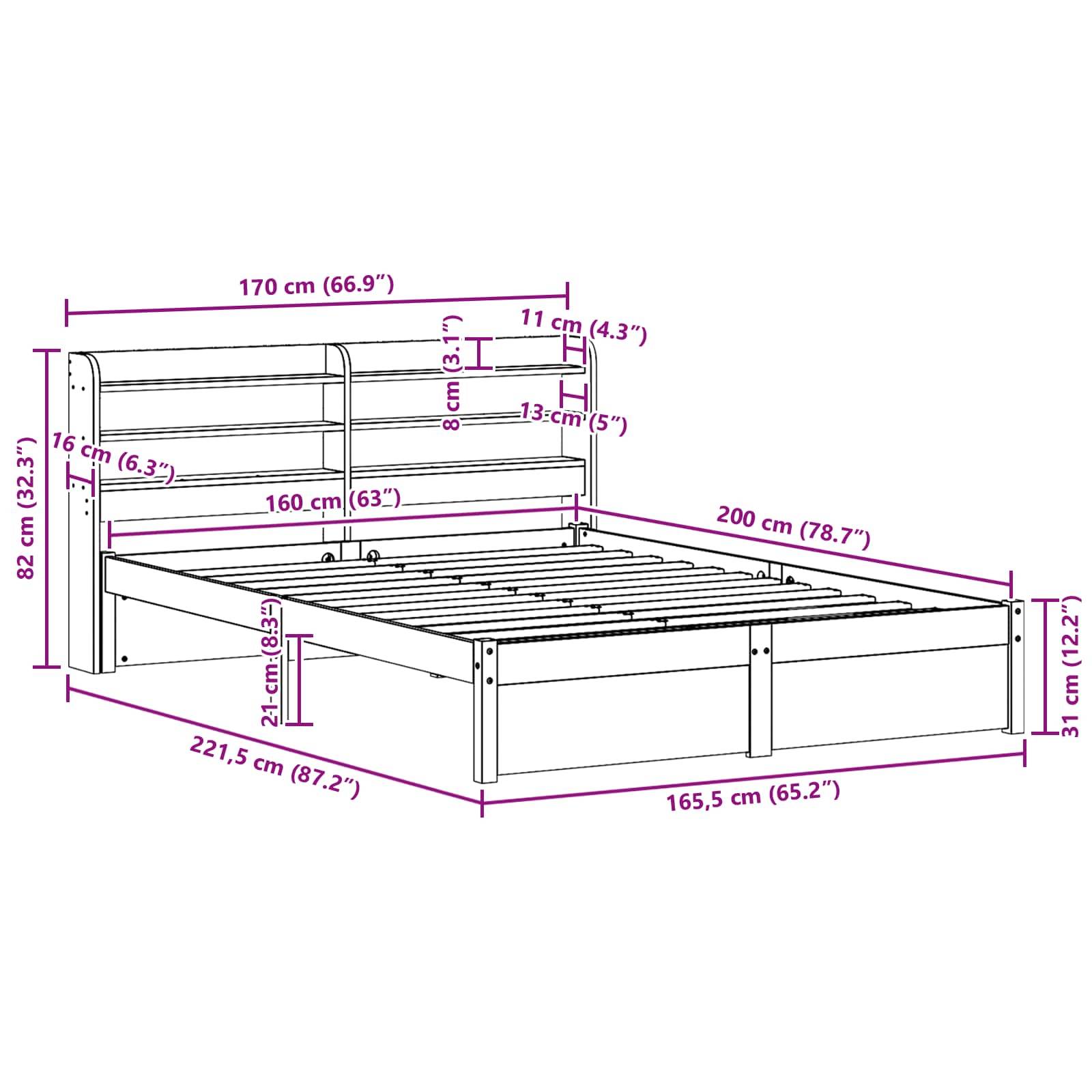 Diagramm der Bettrahmen-Abmessungen: 170 cm Breite, 200 cm Länge, Kopfteil 82 cm Höhe, Fußteil 31 cm Höhe. Einschließlich Matratzenmarkierungen.