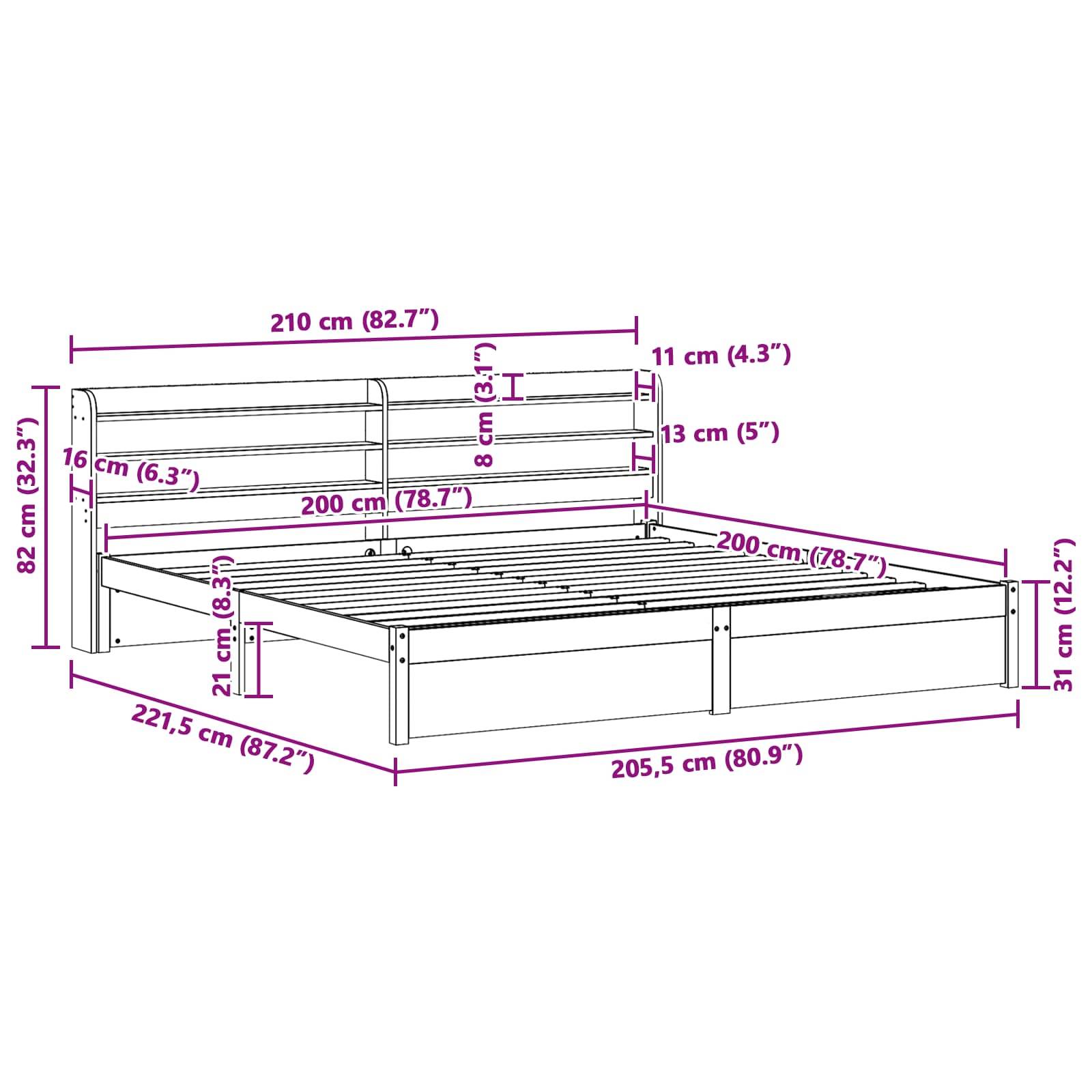 Ein Bettgestell mit detaillierten Abmessungen: Länge 210 cm, Breite 200 cm, Höhe 82 cm. Abmessungen von Kopfteil und Basis in cm und Zoll enthalten.