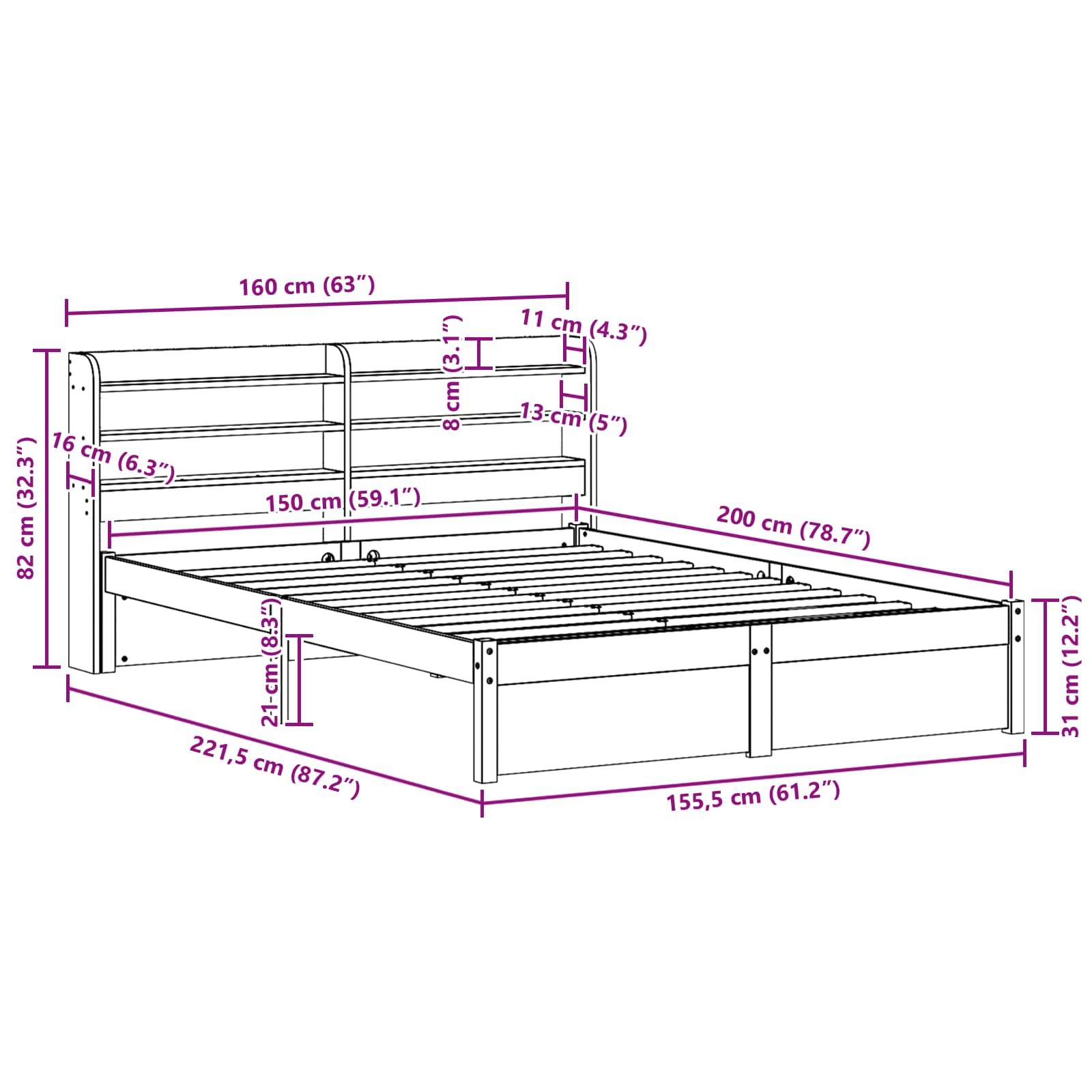 Diagramm eines Bettrahmens mit Abmessungen: Breite 160 cm, Länge 200 cm, Höhe 82 cm. Die Matratzenauflage ist 150 cm x 200 cm groß.