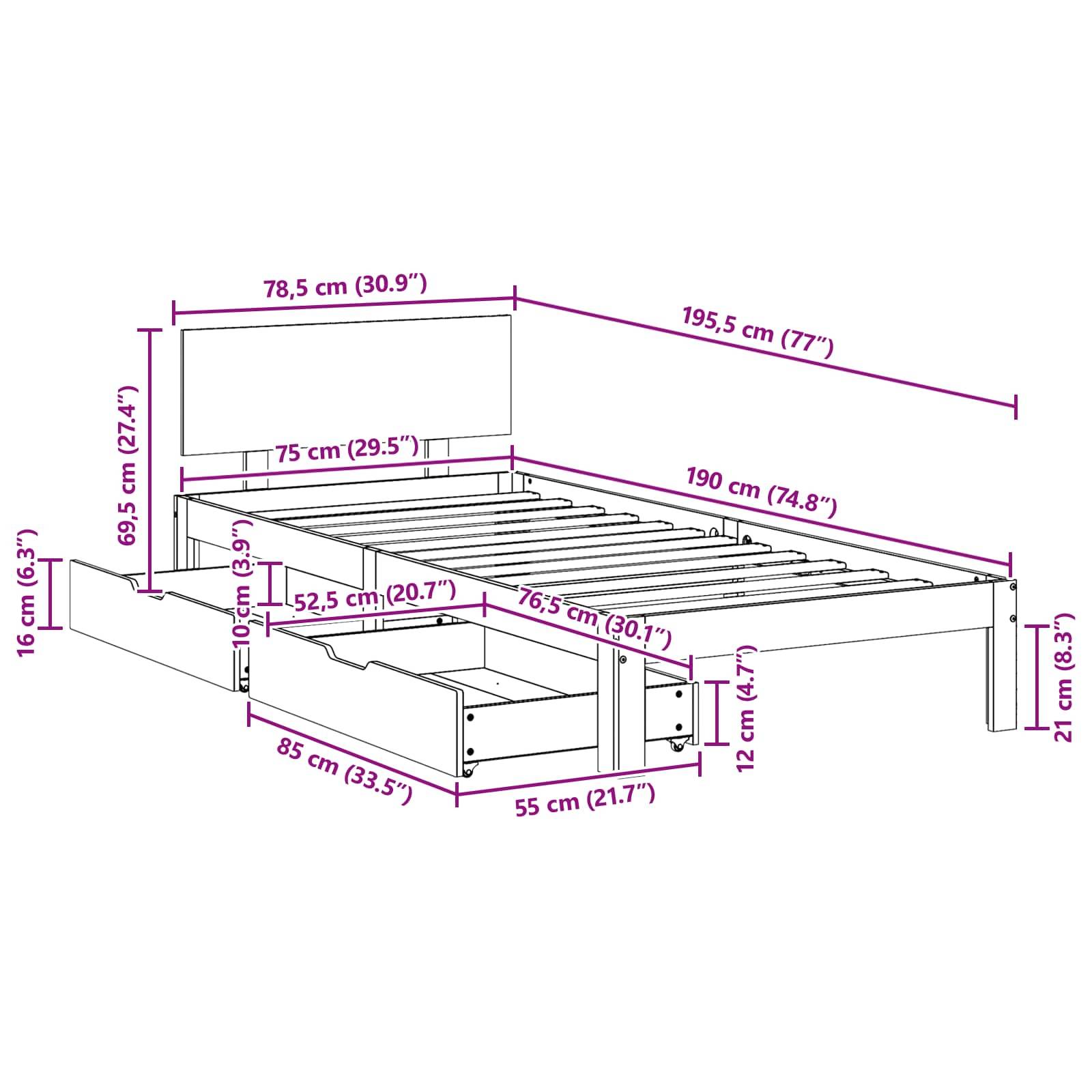 Ein Bettgestell mit beschrifteten Abmessungen: Breite 160 cm, Länge 195,5 cm, Höhe 98,5 cm. Beinhaltet Schubladen zur Aufbewahrung und Kopfteil.