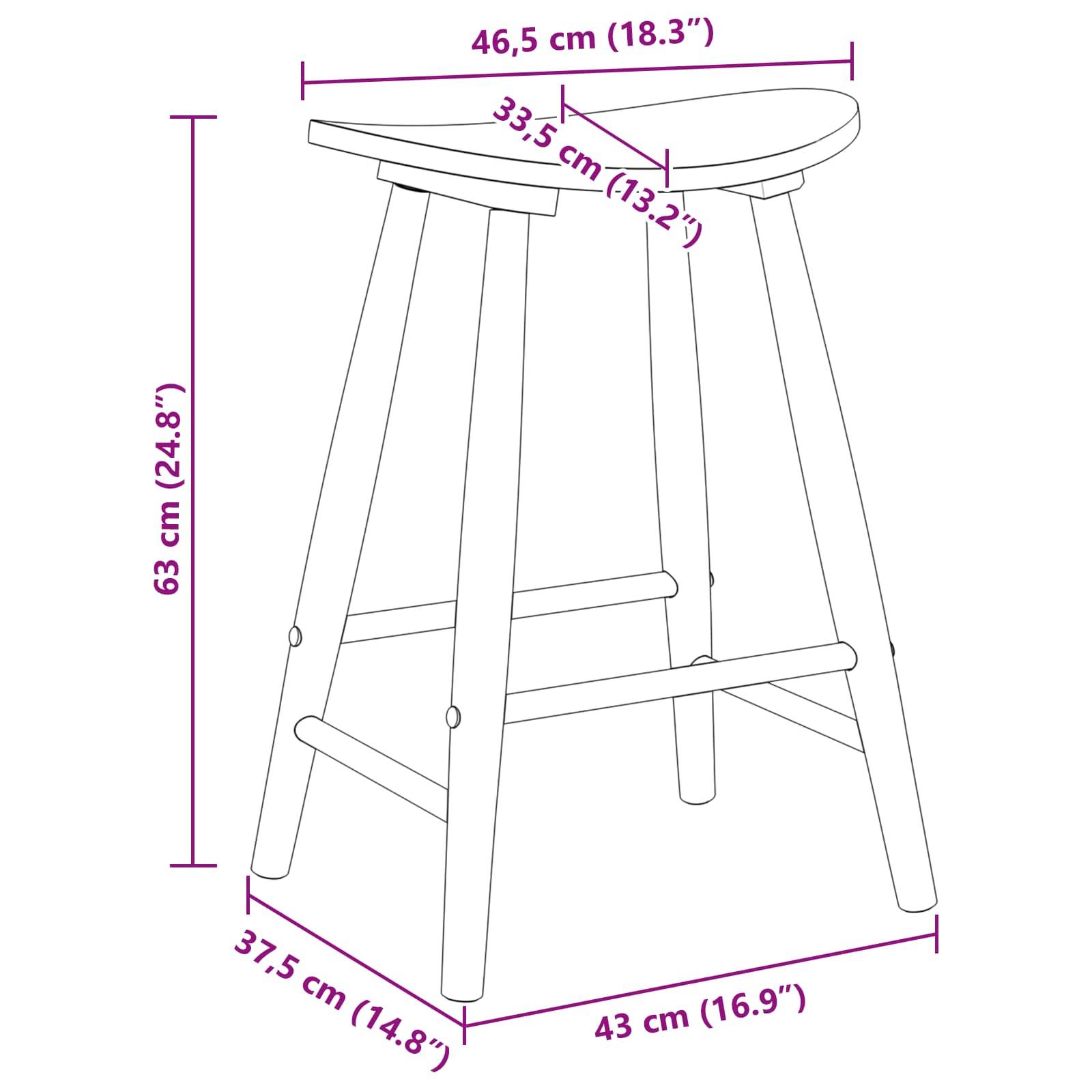 Diagramm eines Hockers mit Abmessungen: Sitzflächenbreite 46,5 cm (18,3 Zoll), Sitzflächentiefe 33,5 cm (13,2 Zoll), Höhe 63 cm (24,8 Zoll).