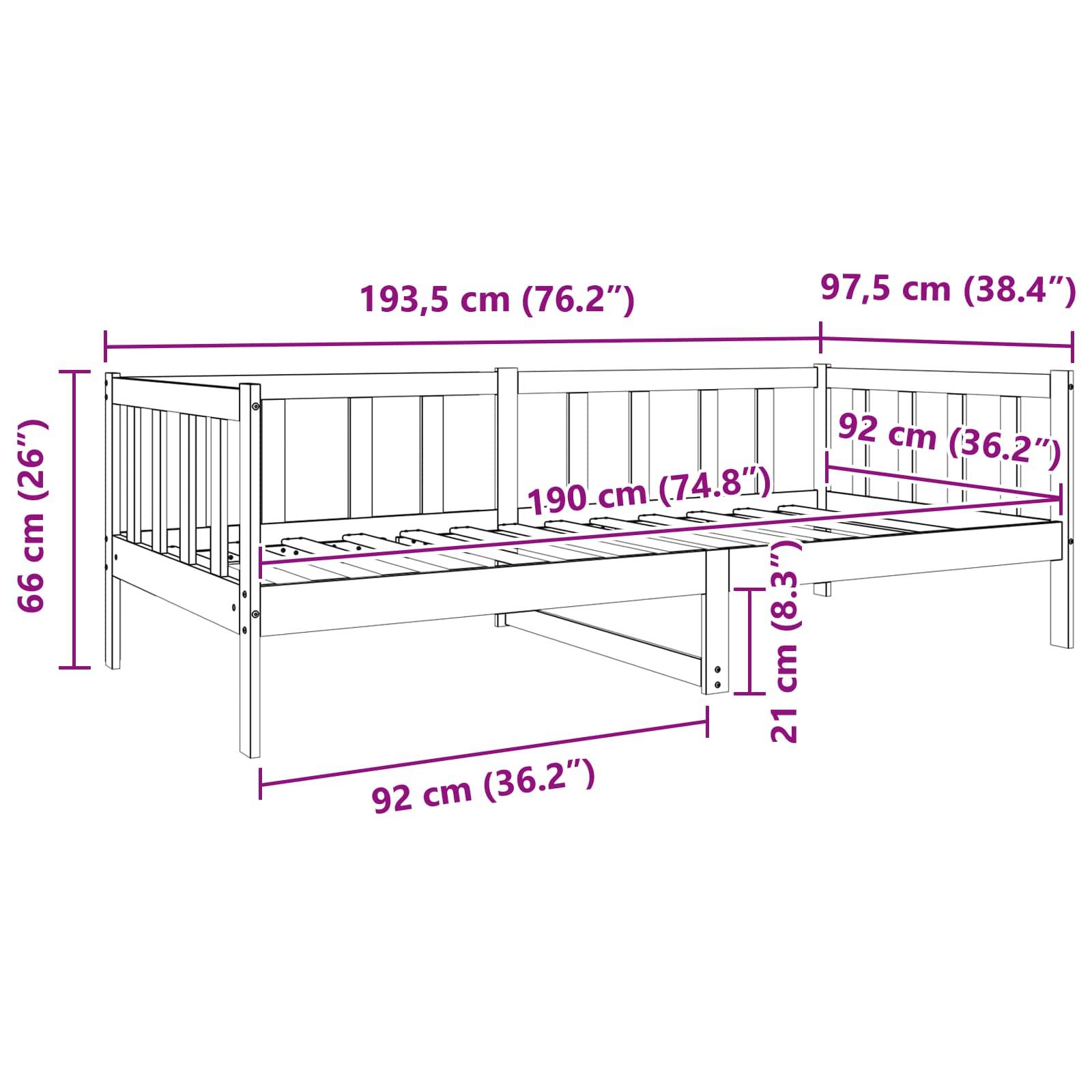 Ein Diagramm eines Eckdaybeds mit Abmessungen: 193,5 cm Breite, 97,5 cm Tiefe, 66 cm Höhe, 190 cm innere Tiefe, 21 cm Unterbet-Höhe.