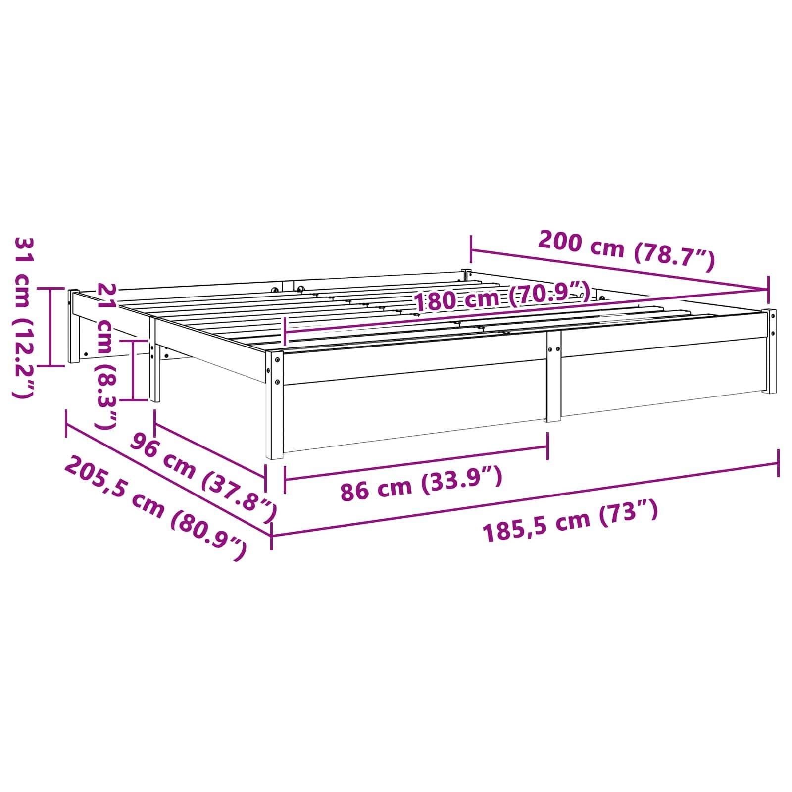 Ein Diagramm eines Bettrahmens mit Abmessungen: 200 cm Länge, 180 cm Breite, 31 cm Höhe, zwei Schubladen 96 cm breit, Bettbasis 86 cm.