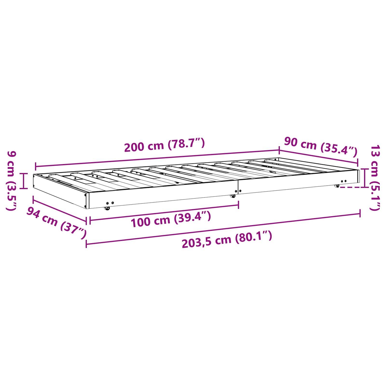 Bettrahmenabmessungen: Länge 200 cm (78,7"), Breite 90 cm (35,4""), Höhe 13 cm (5,1""), zusätzliche Länge mit Rahmen 203,5 cm (80,1"").