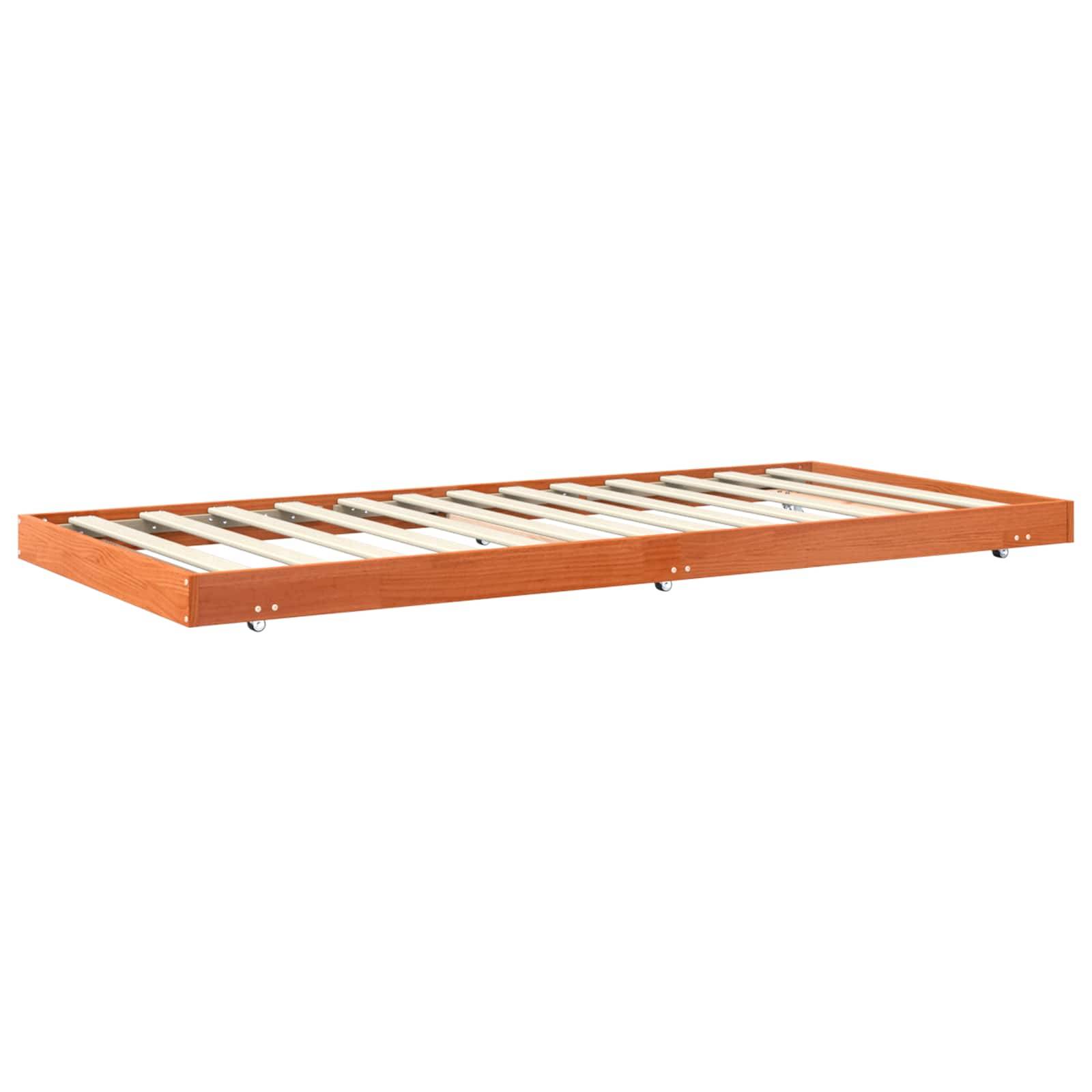 Hölzernes Tagesbett-Rahmen mit einfachem Lattendesign, geeignet für eine Matratze, entwickelt für zusätzlichen Schlafplatz unter einem anderen Bett.