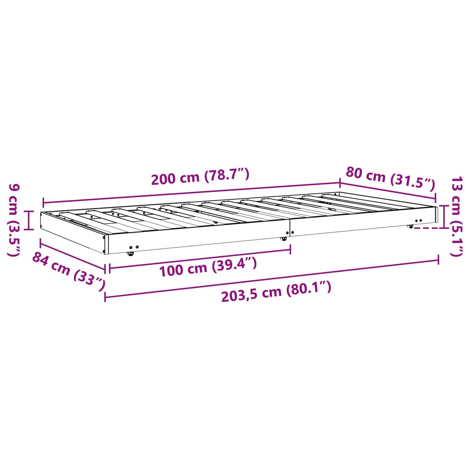 Diagramm eines Bettrahmens mit Abmessungen: Länge 200 cm (78,7