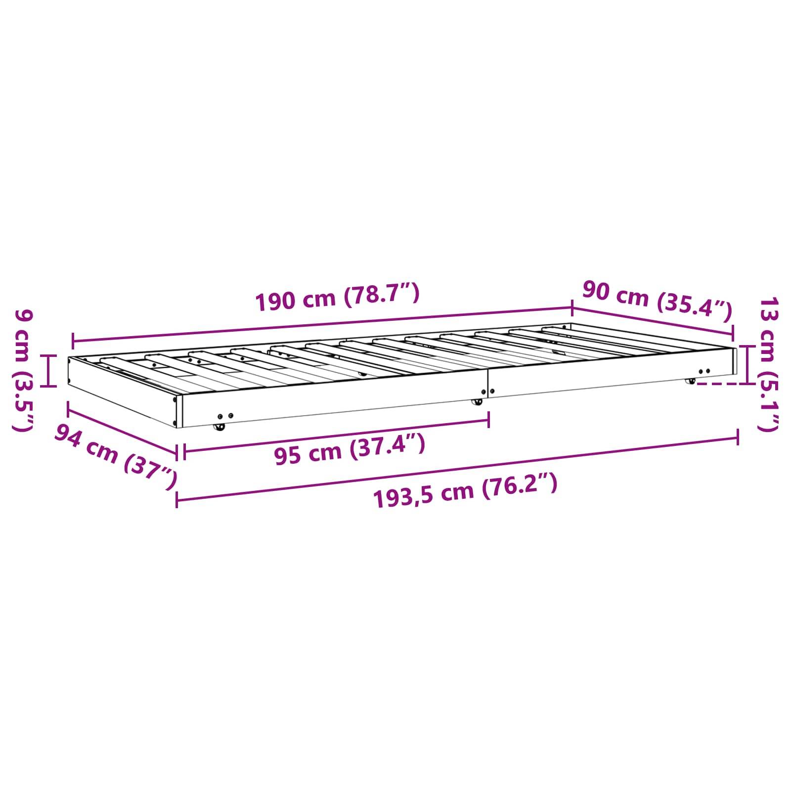 Abmessungen eines rechteckigen Plattformbettgestells: 190 cm (78,7