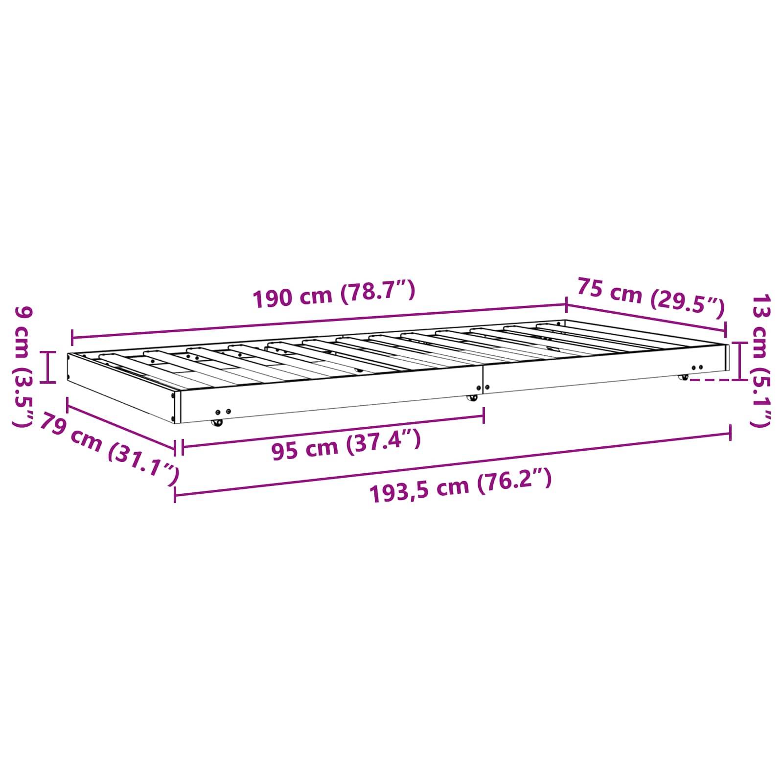 Diagramm eines Bettrahmens mit Abmessungen: Länge 190 cm (78,7