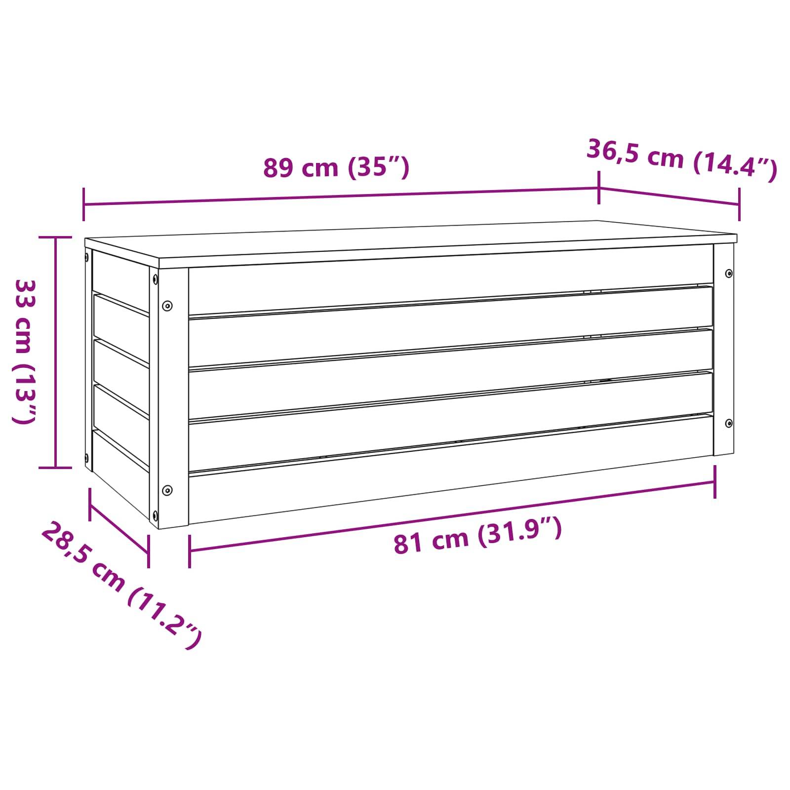 Illustration eines rechteckigen Kastens mit den Abmessungen: 89 cm (35