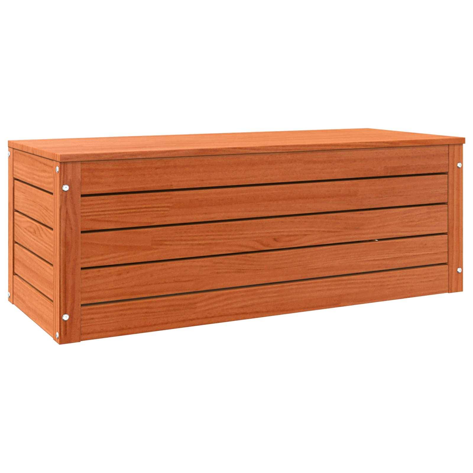 Eine Holzlagerkiste mit horizontalem Lamellenentwurf und Metalleckenakzenten, geeignet für die Verwendung im Freien.