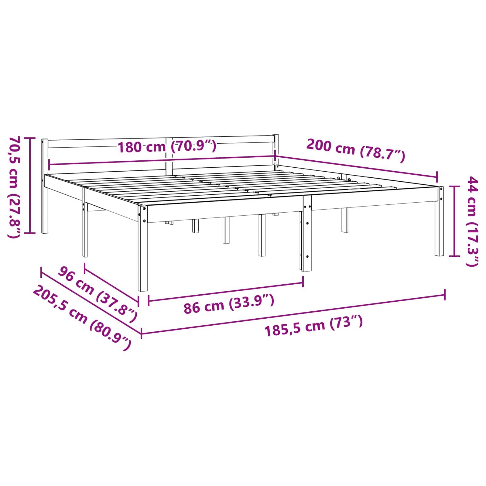 Doppelbettrahmen Abmessungen: Breite 180 cm (70,9 Zoll), Länge 200 cm (78,7 Zoll). Detaillierte Montageabmessungen vorhanden.