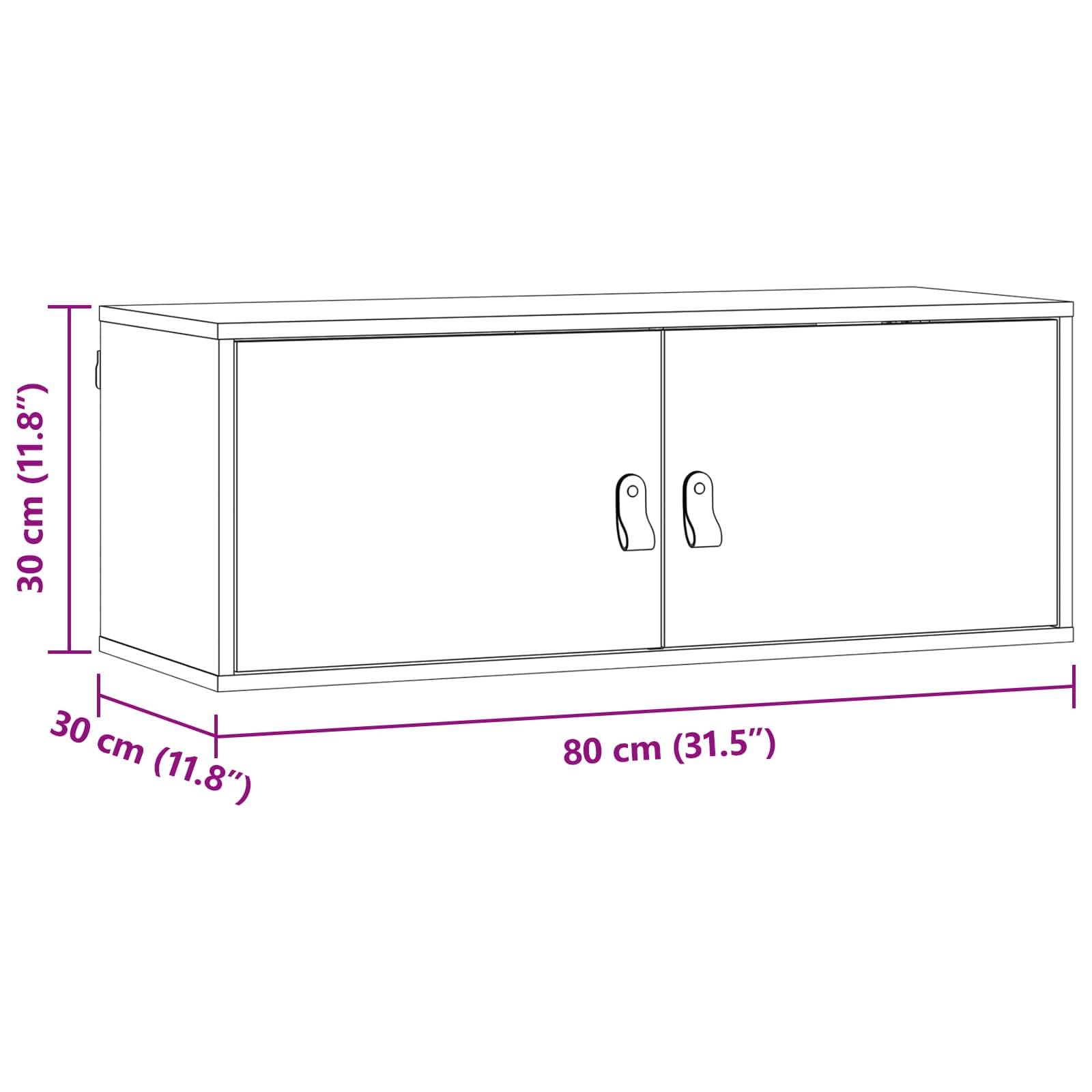Ein Diagramm eines rechteckigen Schranks mit zwei Türen, mit den Abmessungen: Höhe 30 cm, Breite 80 cm, Tiefe 30 cm.