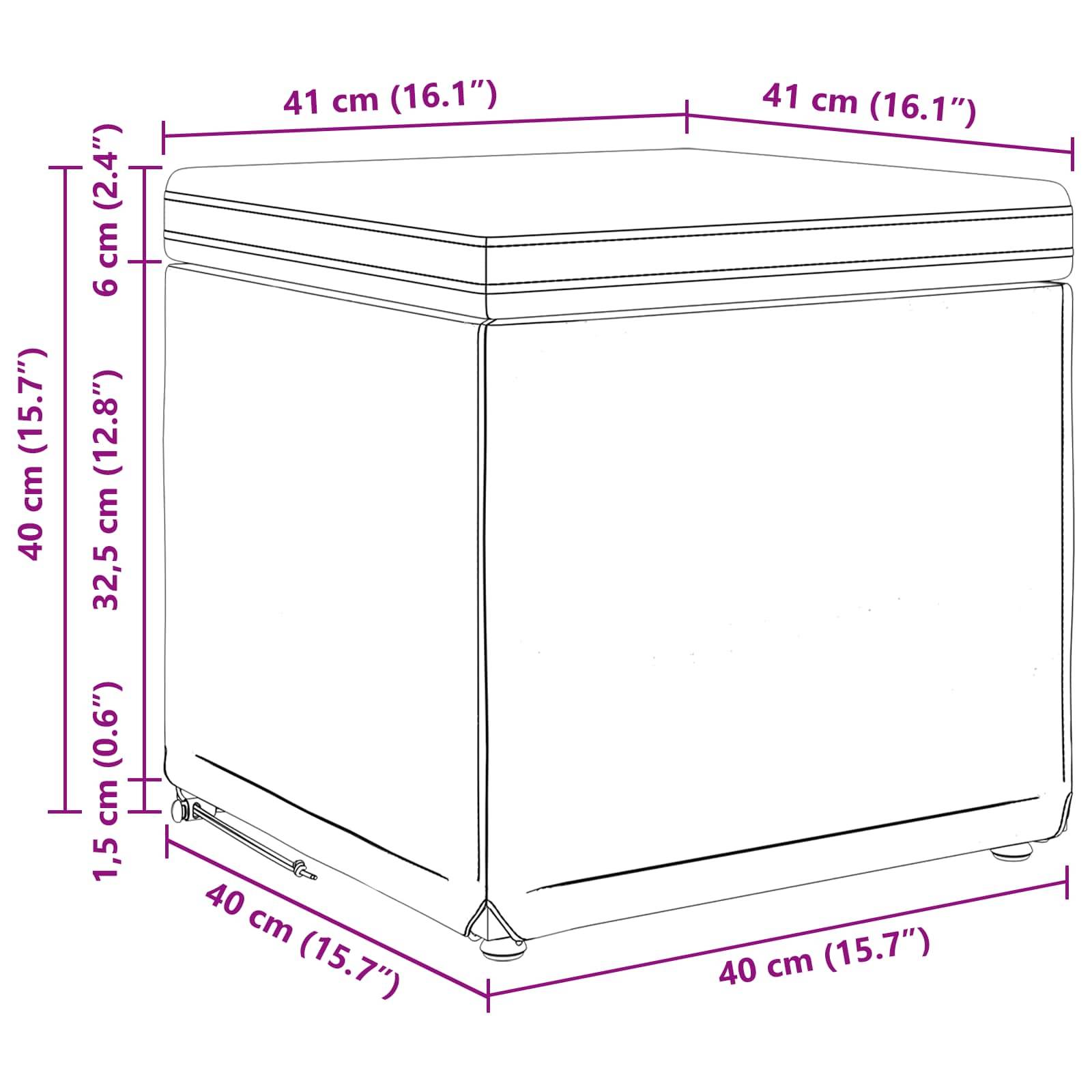 Ein 40 cm großer würfelförmiger Pouf mit Deckel, detaillierte Maße umfassen Höhe, Breite und Tiefe.
