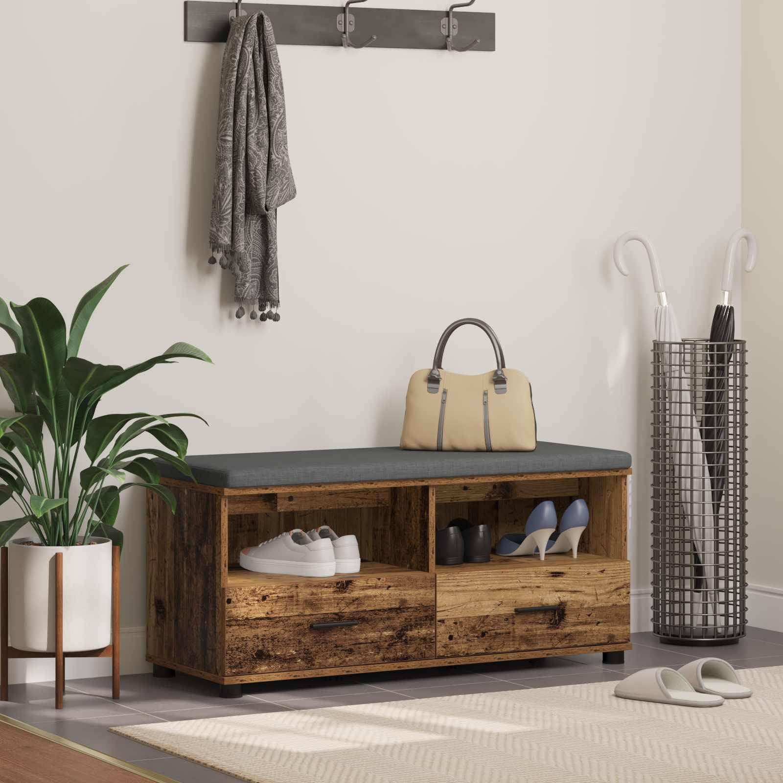 vidaXL Flurbank mit Kissen mit Schubladen Altholz 100 x 38 x 46 cm
