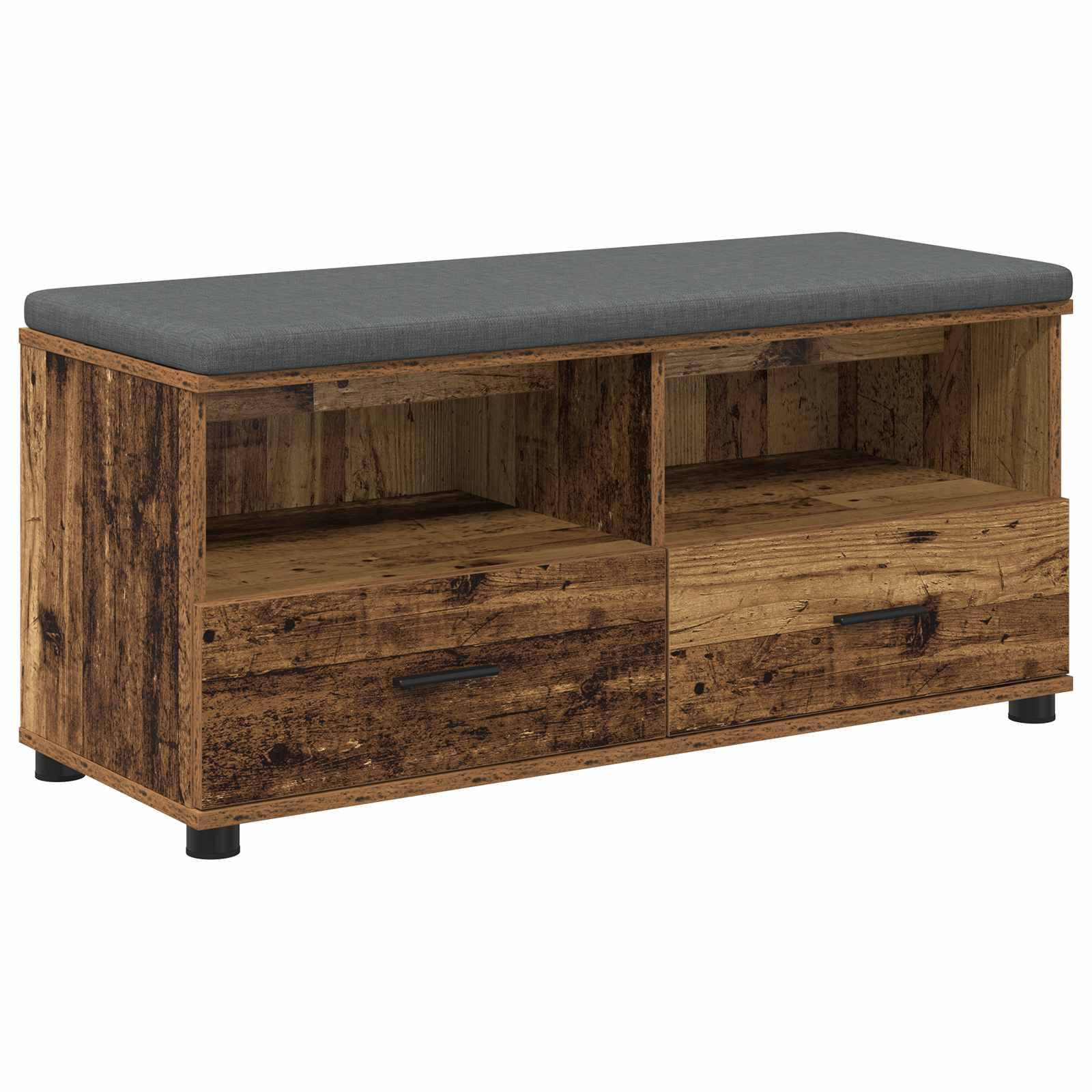 Holzbank zur Schuhaufbewahrung mit gepolstertem Sitz, ausgestattet mit zwei offenen Regalen und zwei Schubladen zum Organisieren von Schuhen und Accessoires.