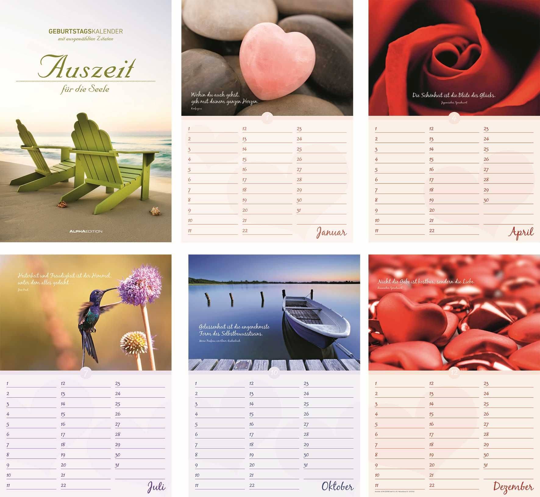 Ein Kalender mit Naturbildern und Zitaten. Januar zeigt einen herzförmigen Stein; April eine rote Rose; Juli einen Vogel; Oktober einen Steg.