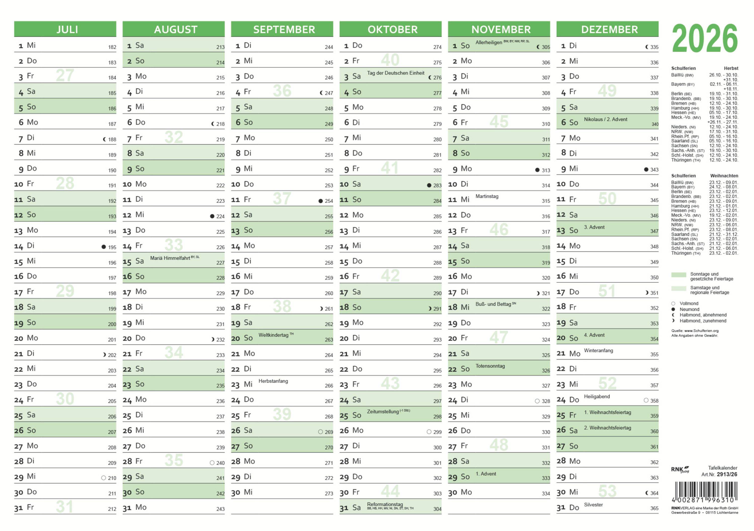 RNK Verlag 2913/26 Tafelkalender 2026 - B4 quer, 2x 6 Monate, 353 x 250 mm