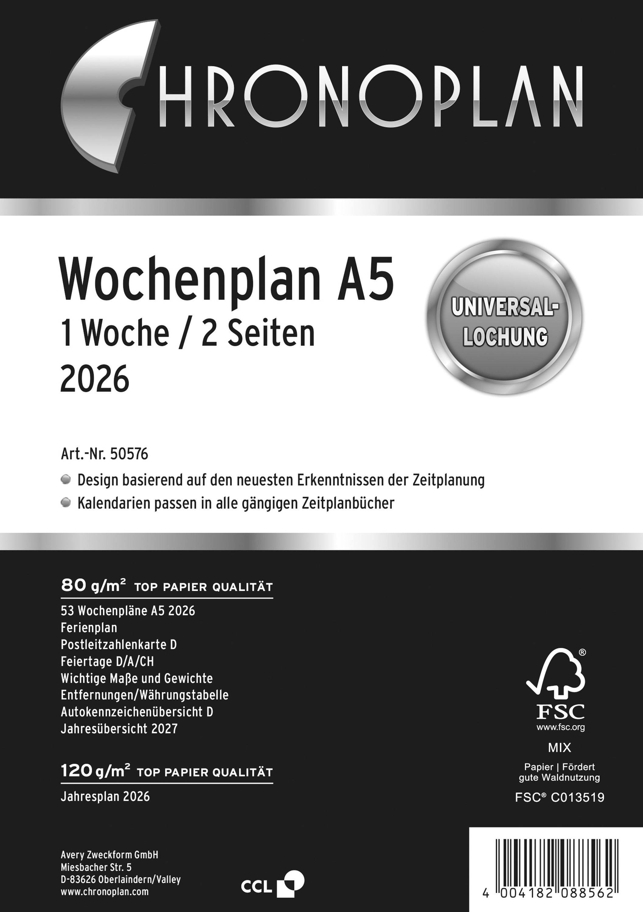 Chronoplan 50576 Wochenplan, A5, 2026, Weiß, 148 x 210 mm, Inhalt: 63 Blätter / 1 Stück