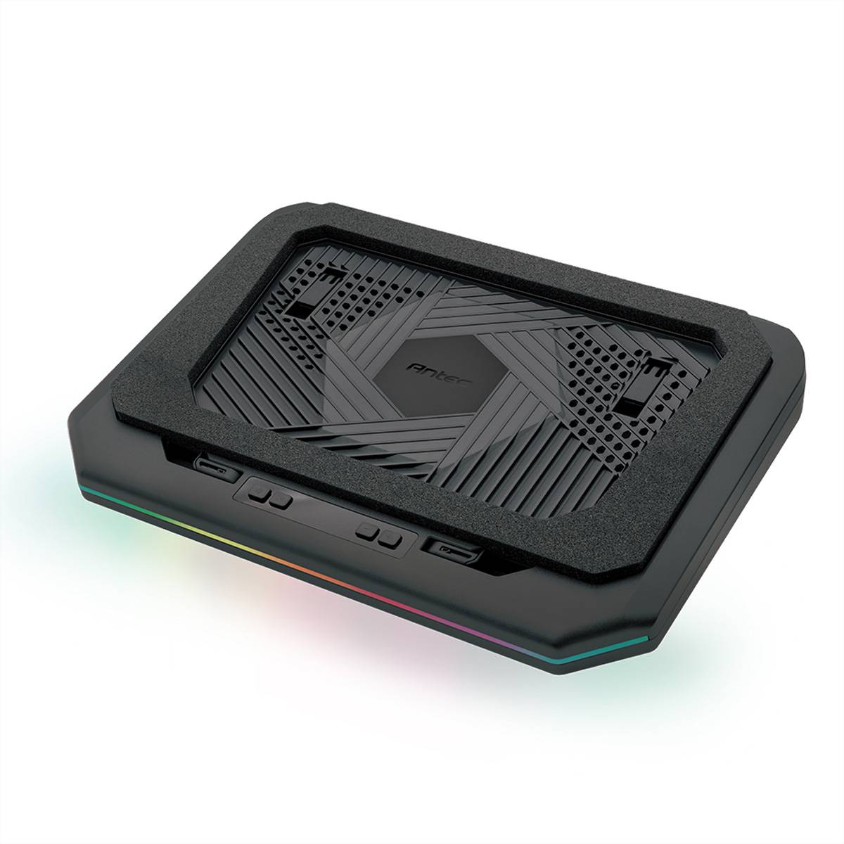 Ein Laptop-Kühlpad mit einem eleganten, schwarzen Design und integrierter, farbiger LED-Beleuchtung an der Basis.