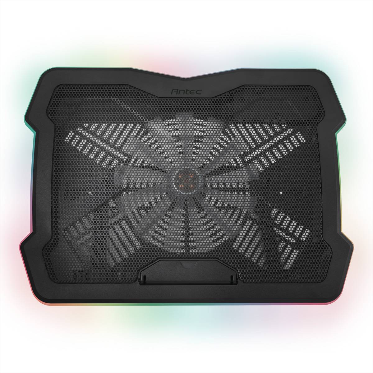 Ein schwarzes Laptop-Kühlpad mit einem großen Lüfter in der Mitte und RGB-Beleuchtung an den Rändern, entworfen zur Verbesserung der Luftzirkulation und Leistung.