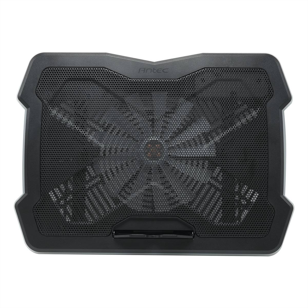 Ein schwarzes Laptop-Kühlpad mit einem großen sichtbaren Lüfter in der Mitte und einer stabilen Netzmaschenoberfläche für Luftzirkulation.
