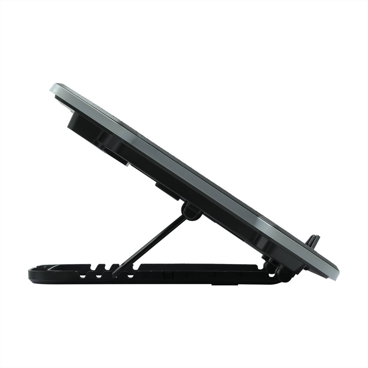 Seitenansicht eines digitalen Zeichentablets mit Ständer, leicht geneigt.