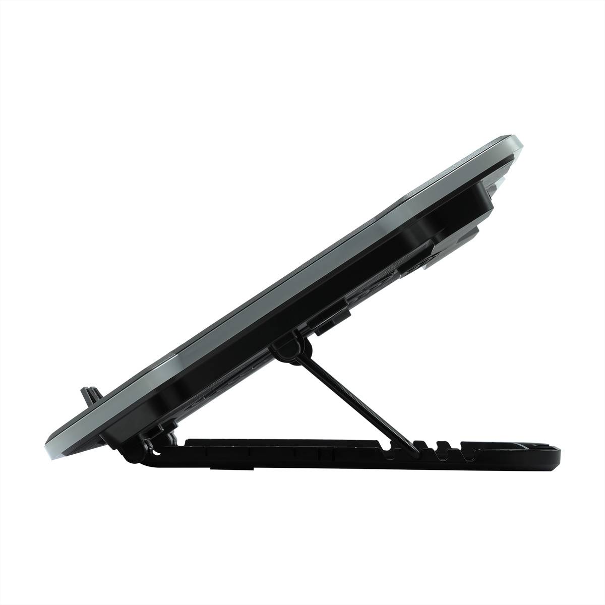 Eine Seitenansicht eines grauen, faltbaren Tablet-Ständers in einem Winkel, der seinen verstellbaren Mechanismus und sein elegantes Design zeigt.