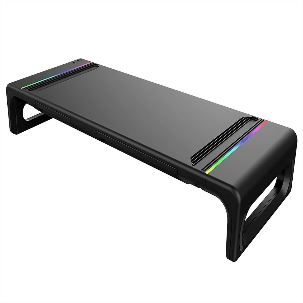 Ein schwarzer Computermonitorständer mit schlankem, modernem Design mit RGB-Beleuchtungsakzenten an den Kanten.