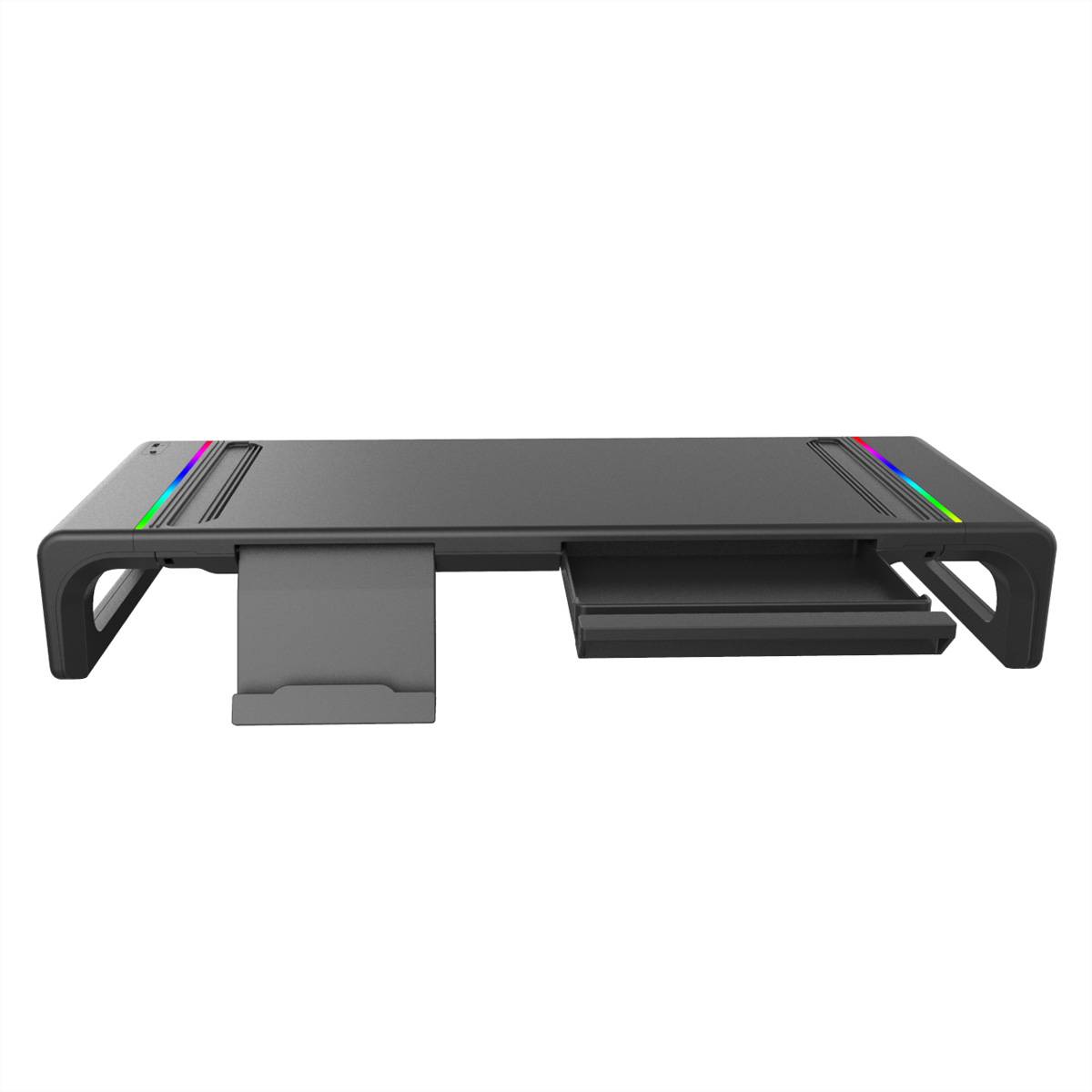 Ein schwarzer Monitorständer mit farbigen Streifen oben, versehen mit zwei ausziehbaren Fächern zur Aufbewahrung, konzipiert zur Organisation eines Arbeitsplatzes.