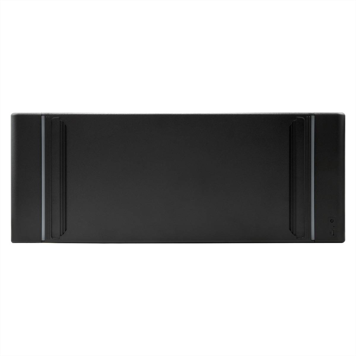 Ein schwarzes rechteckiges Objekt mit zwei parallelen Nuten auf jeder Seite und kleinen Schaltflächen oben rechts, das einem elektronischen Gerät ähnelt.