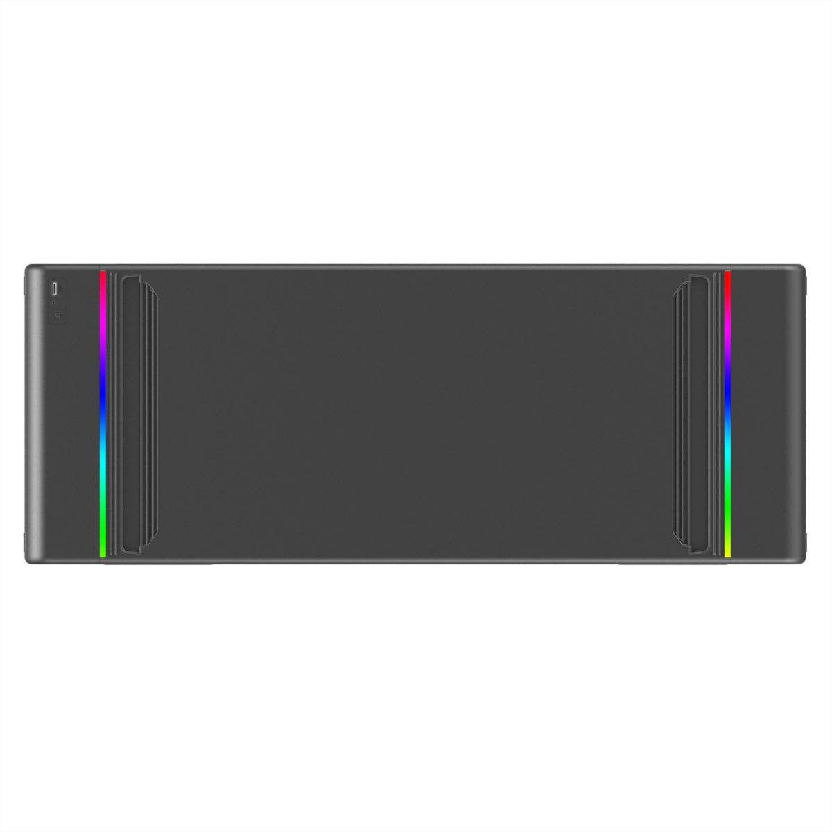 Ein schwarzes rechteckiges Gerät mit LED-Leuchten an beiden Enden, die ein Farbspektrum anzeigen, möglicherweise eine Gaming-Konsole oder ein Zubehörteil.